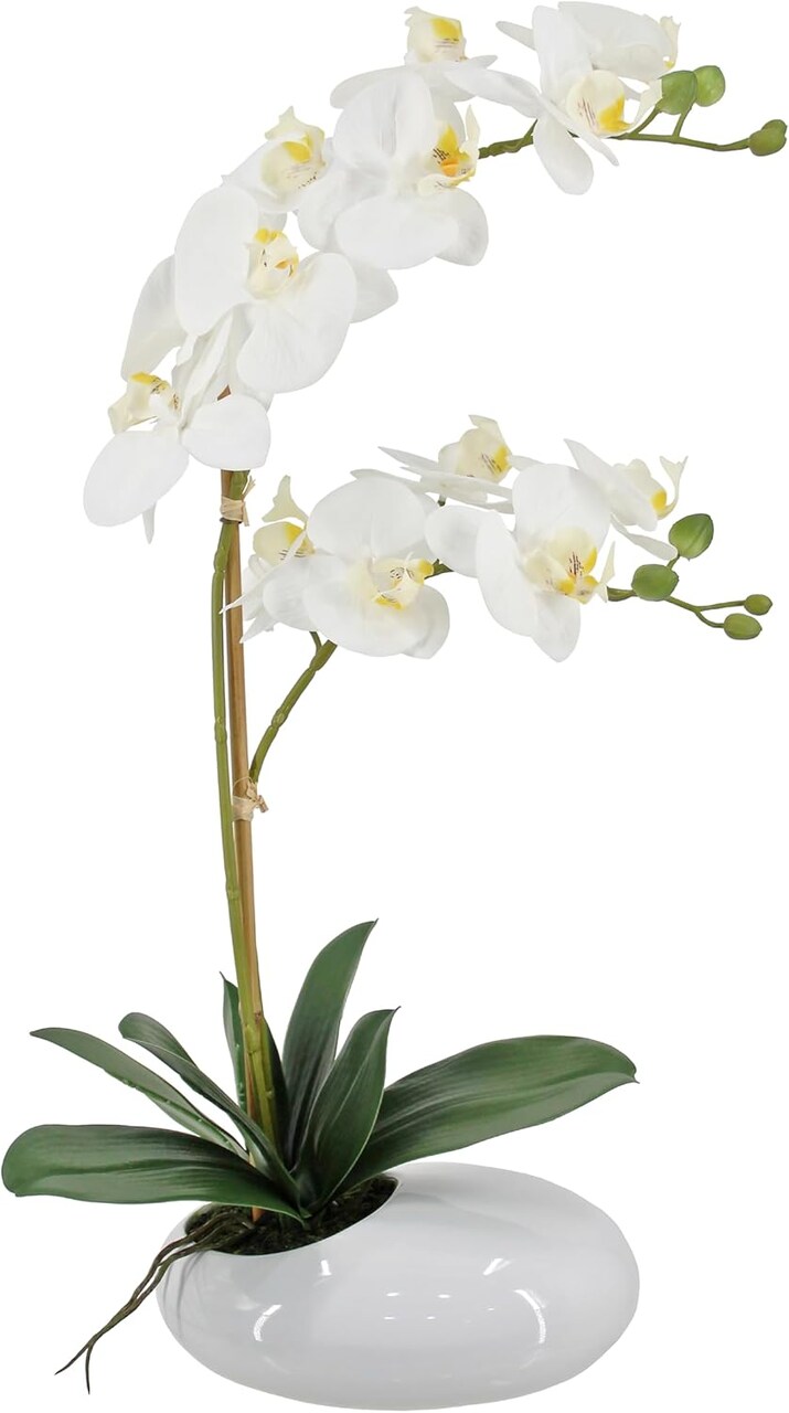 White Orchids in Ceramic Pot, Fake Orchid with Real Touch Stems, Tall Orchid Faux Flowers, Artificial Flora Table Arrangement Centerpiece,Gift for Mom,Wife,Friends. 13.4" Diameter, 20.5" Tall